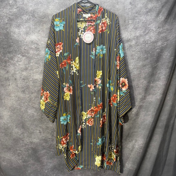 Umgee Sweaters - Umgee Floral Striped Kimono DusterSize M/L Navy Blue Open Front Sheer Boho NWT